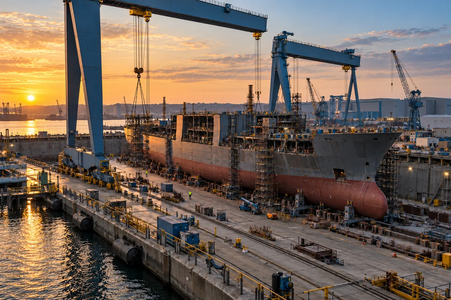 A ship hull under construction in a shipyard dry dock at sunset, with gantry cranes overhead.