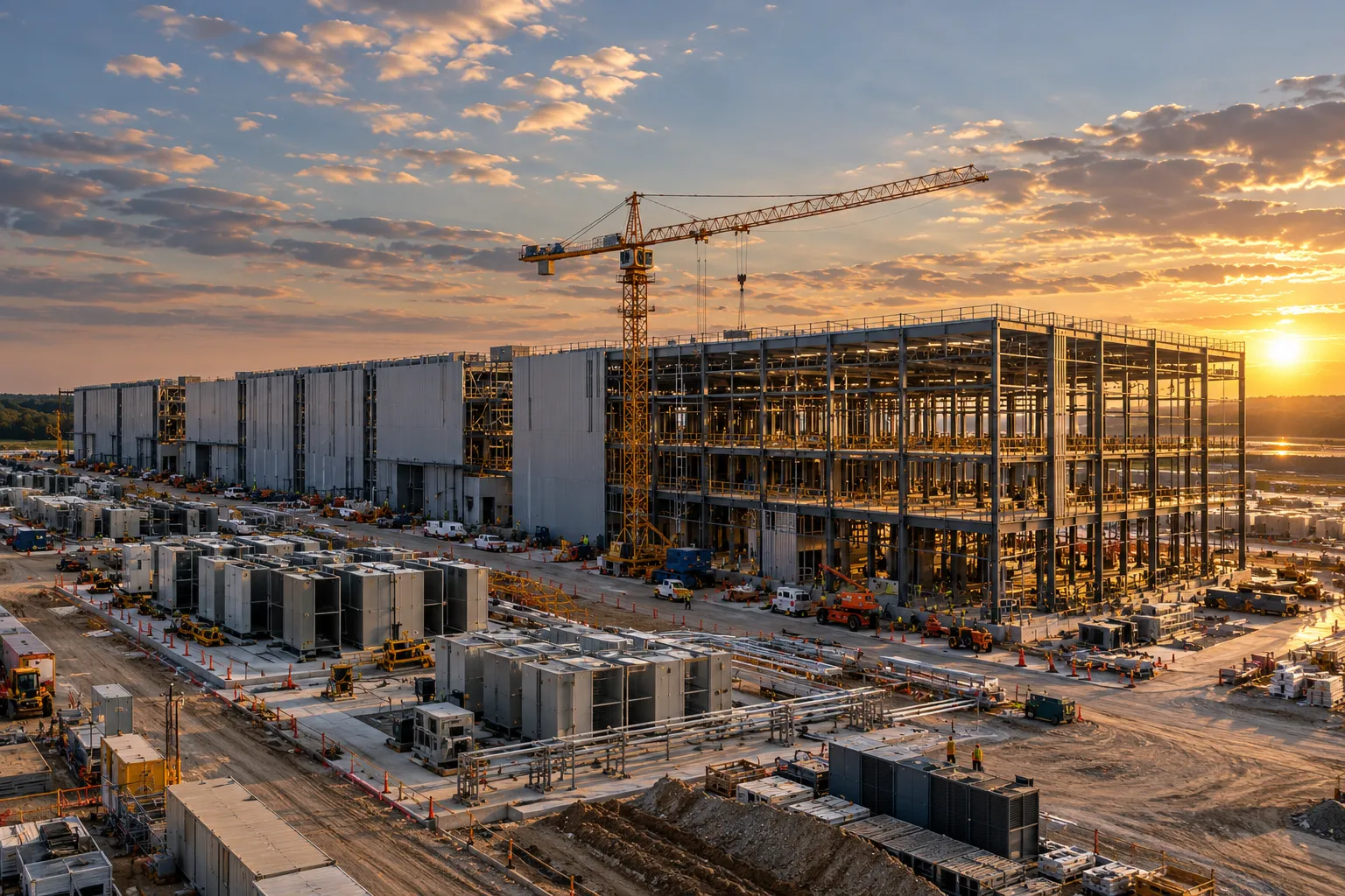 A large data center campus under construction at sunset, with a tower crane above the steel frame.