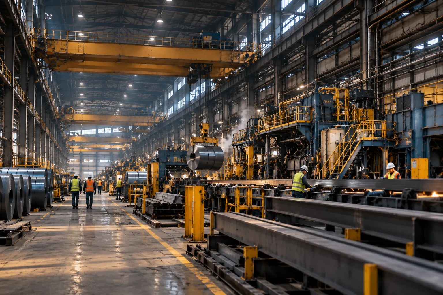 Inside a steel mill, with overhead cranes, coils of steel and workers in safety vests along the production line.
